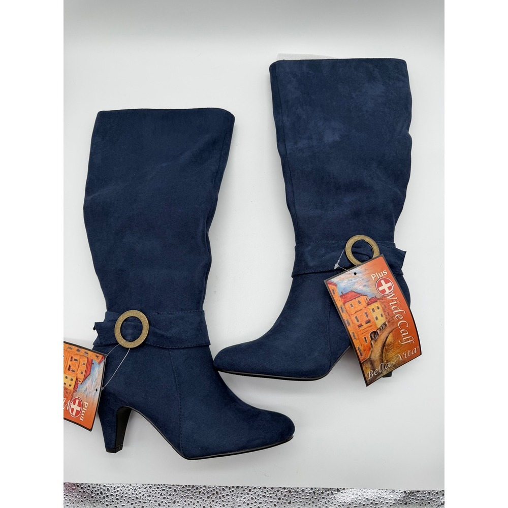Bella Vita Womens Navy Faux Suede Wide Calf Knee High Boots Heel Buckle 5.5M